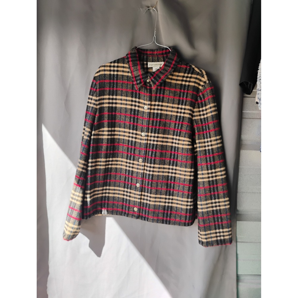 Evan-Picone Womens Plaid Button Down Jacket Tan Red Black Size 14 Wool Blend